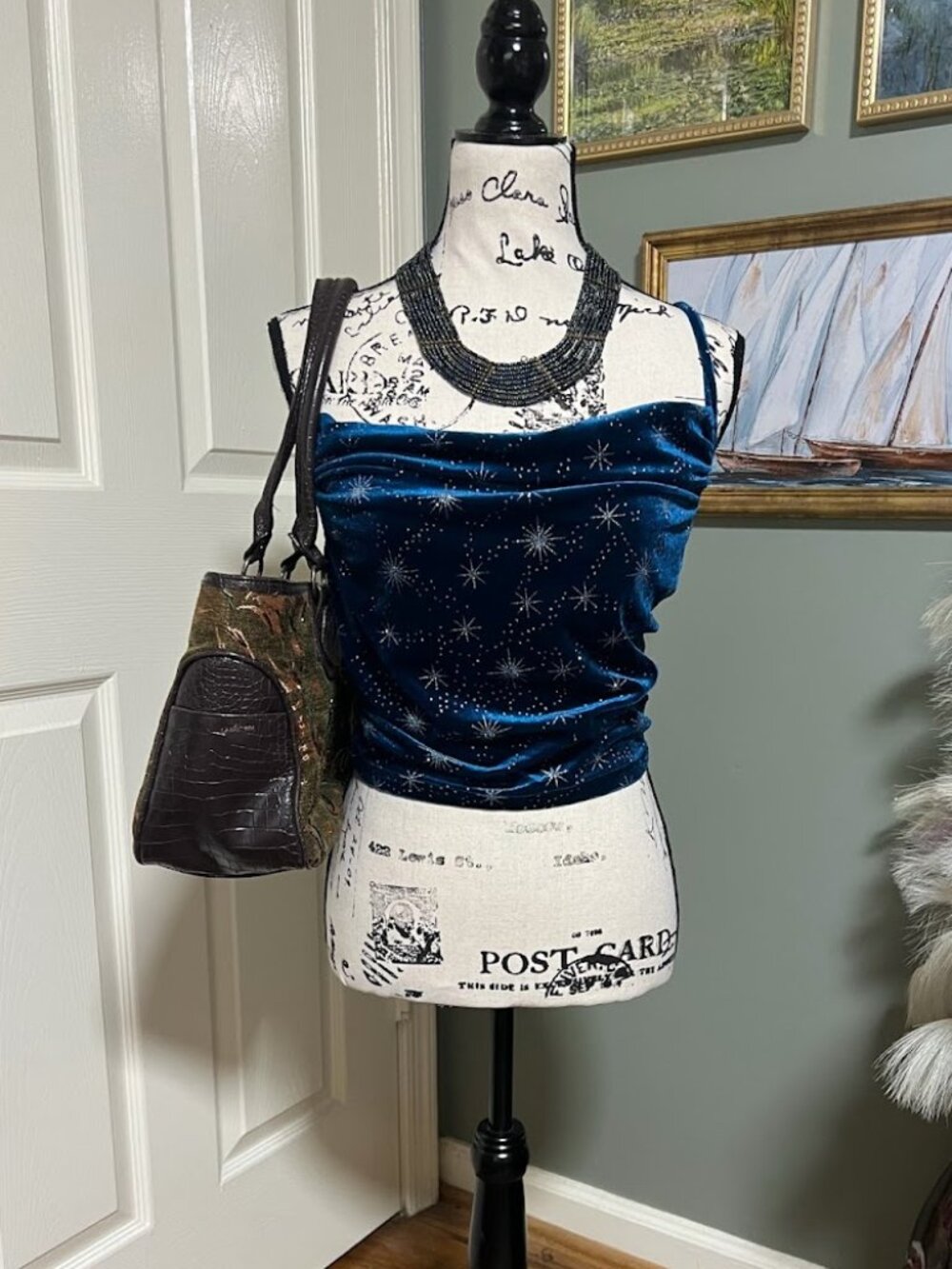 ider Blue Velvet Celestial Star Cowl Neck Crop Top Whimsigoth Y2K XL